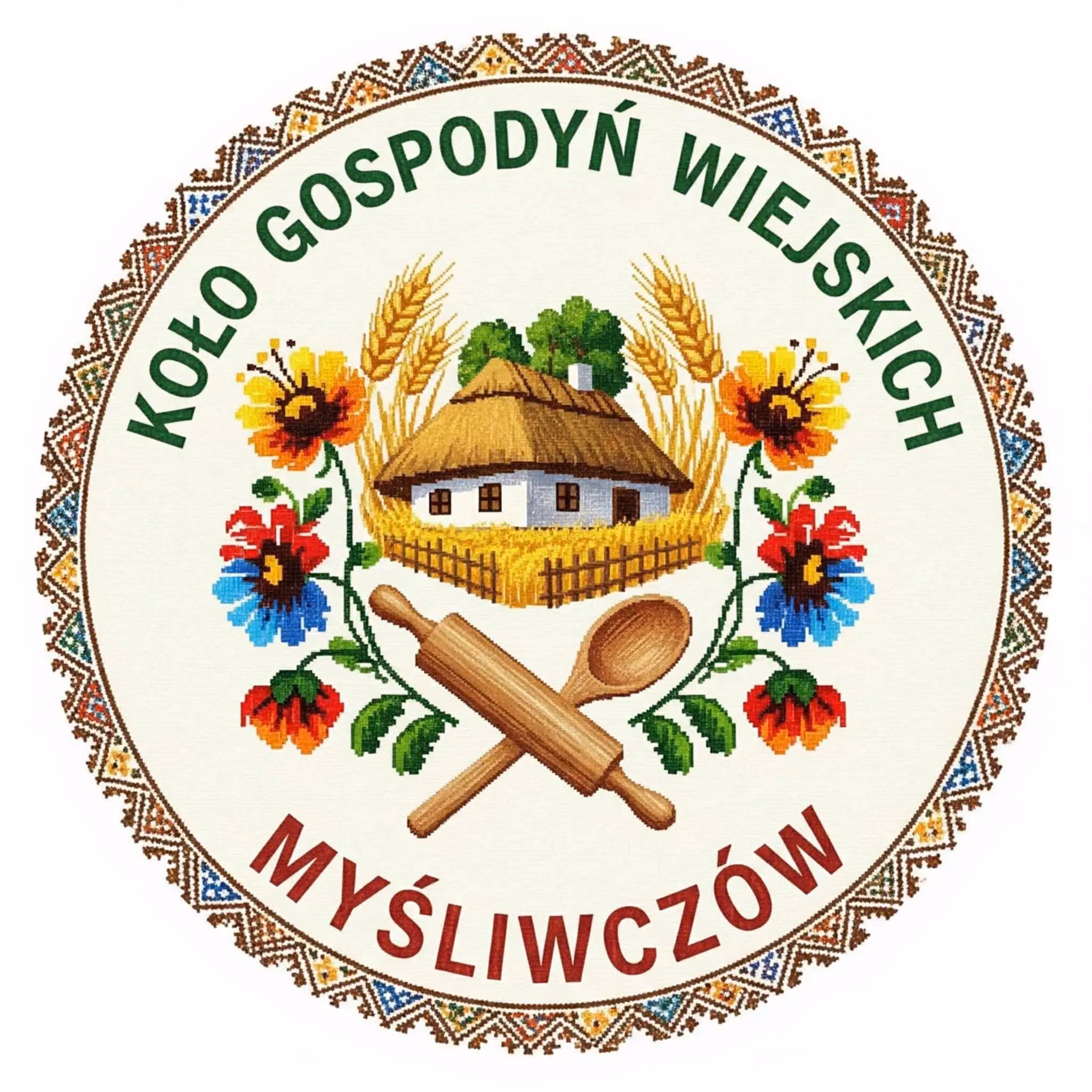 Okrągłe logo Koła Gospodyń Wiejskich w Myśliwczowie z grafiką wiejskiej chaty, kłosów zbóż, kwiatów oraz wałka i łyżki kuchennej na tle stylizowanym na haft krzyżykowy