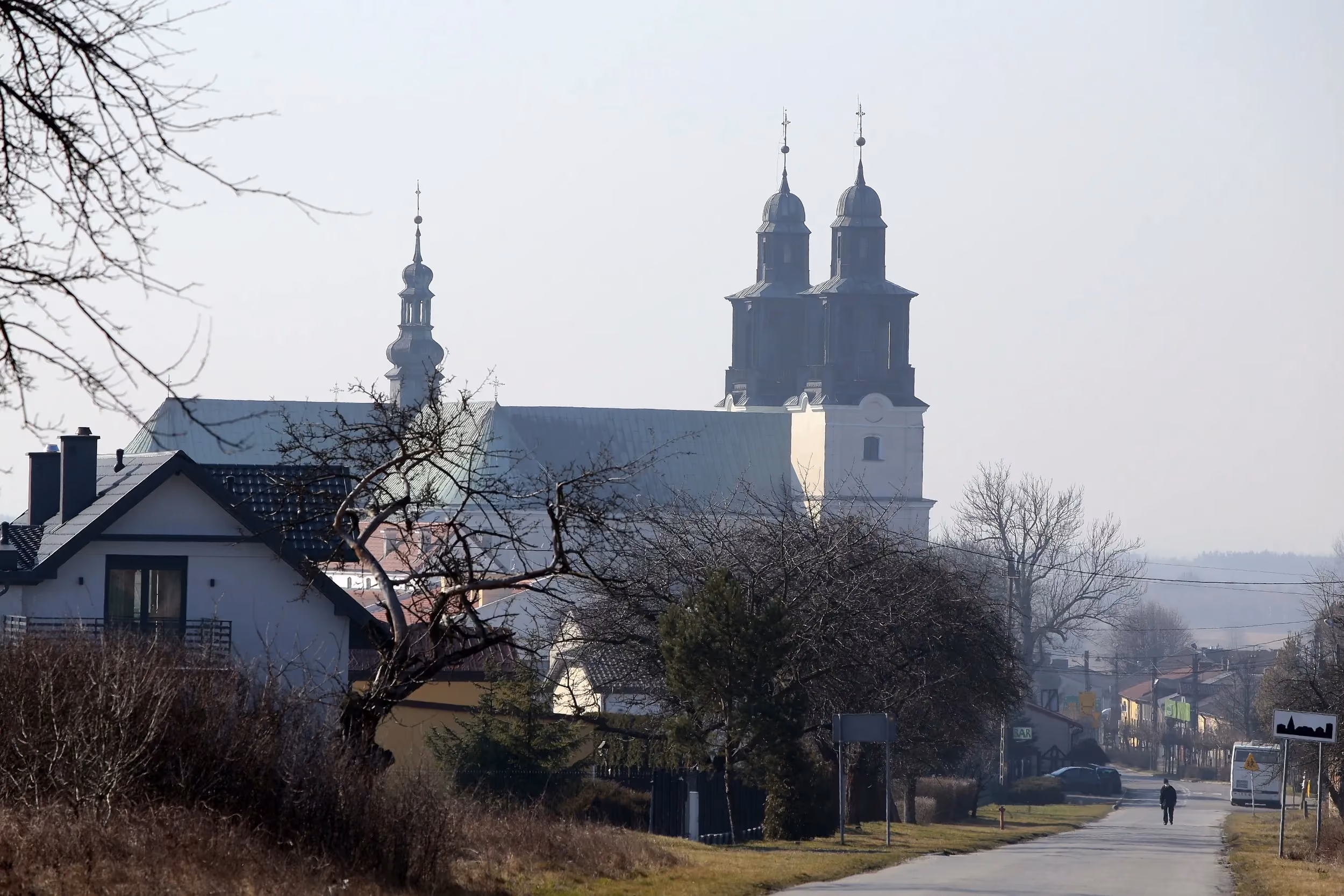 Panorama miejscowości z widokiem na kościół z charakterystycznymi wieżami, widziany ponad zabudową i drzewami.