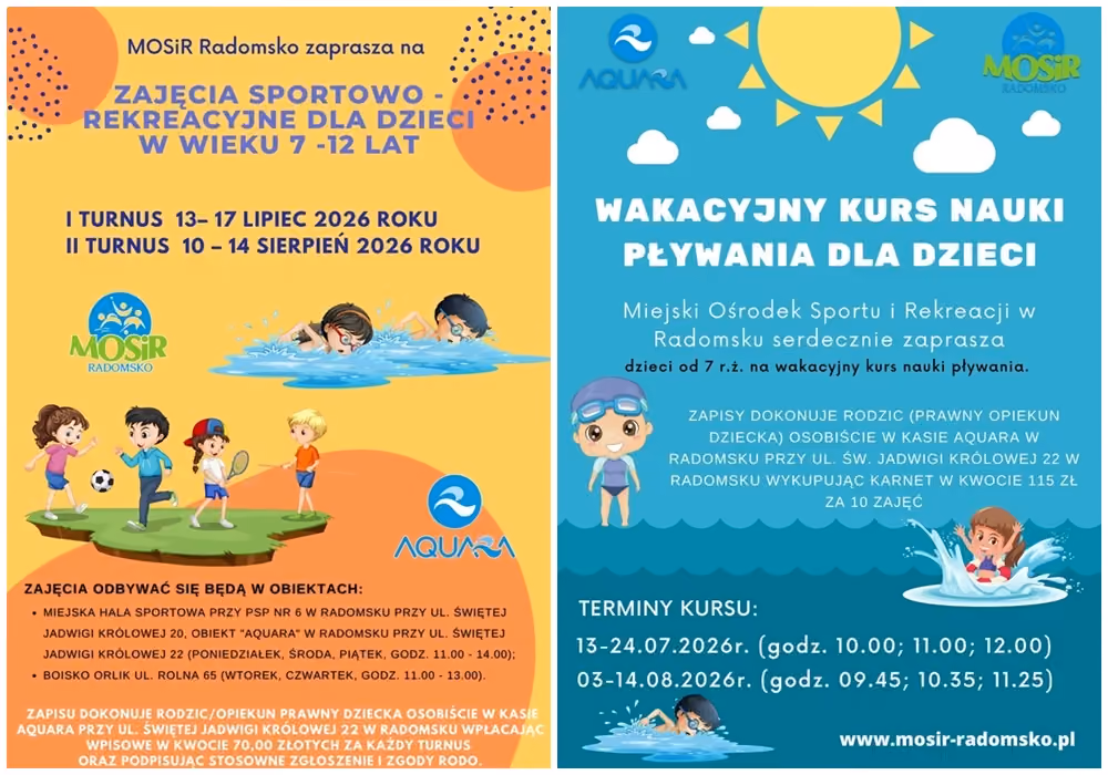Plakat podzielony na dwie części promuje ofertę wakacyjną Miejskiego Ośrodka Sportu i Rekreacji w Radomsku.
