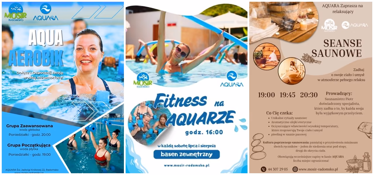 Tryptyk reklamowy MOSiR Radomsko i Aquara, promujący zajęcia sportowe dla dorosłych: aqua aerobik, fitness w wodzie oraz seanse saunowe