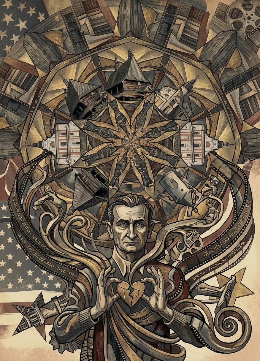 Ilustracja przedstawia kościoły w Gidlach, Stanisława Szukalskiego oraz motywy filmowe z Hollywood