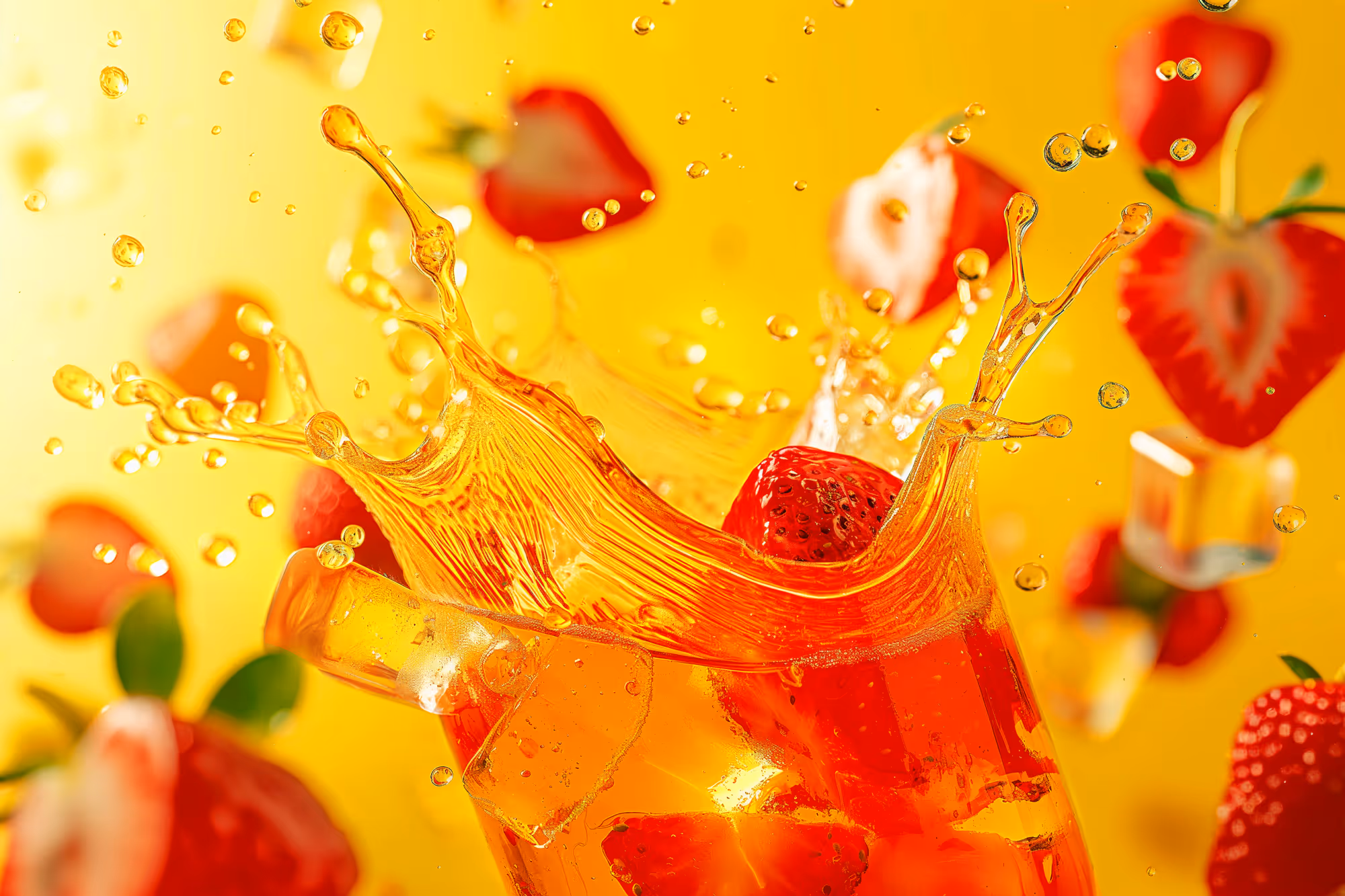 Glas met ijskoud oranje drankje waarin aardbeien en ijsblokjes vallen met opspattend vloeistof tegen een gele achtergrond.