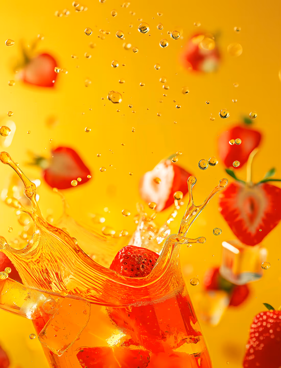 Glas met ijskoud oranje drankje waarin aardbeien en ijsblokjes vallen met opspattend vloeistof tegen een gele achtergrond.