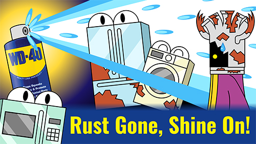 An illustration of a WD-40 can spraying the rust off of some appliances, while a rust wizard stares at it with concern. The image is accompanied by the tagline "Rust Gone, Shine On!" This ad is the one for Facebook.