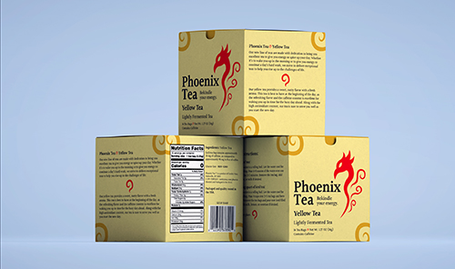 An image bunch of boxes of tea stacked on top of each other. These boxes are mockups of a fictitious tea brand called "Phoenix Tea."