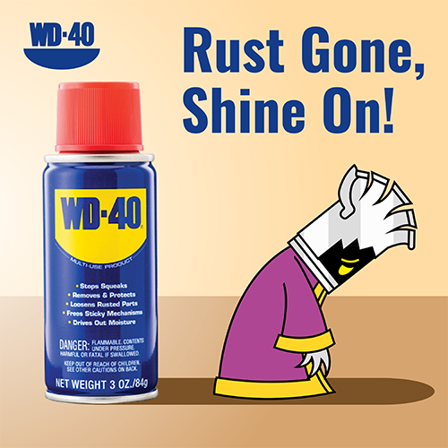 WD-40 Carousel Part 8:

As the ad ends, the WD-40 can stands triumphantly as the rust wizard, now rust-clean and shiny, walks away sadly. The tagline "Rust Gone, Shine On!" can be seen in the top right corner, while the blue, redesigned WD-40 logo can be seen in the top left corner.