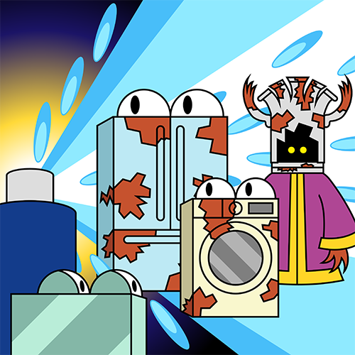 WD-40 Carousel Part 6:

The WD-40 can then sprays the other two appliances and the rust wizard in one large beam. While it looks like a beam of light, droplets can be seen behind the characters as well as at the sides of the beam.