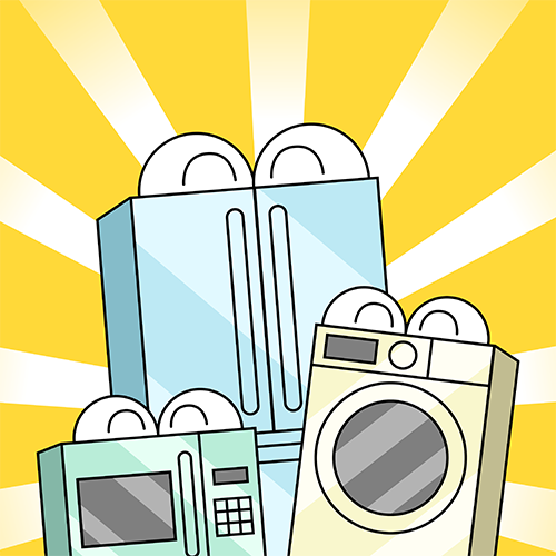 WD-40 Carousel Part 7:

The appliances are freed from the rust that had coated their bodies, and they are now more shiny than ever. The background is yellow, with beams of white light projecting from the appliances.