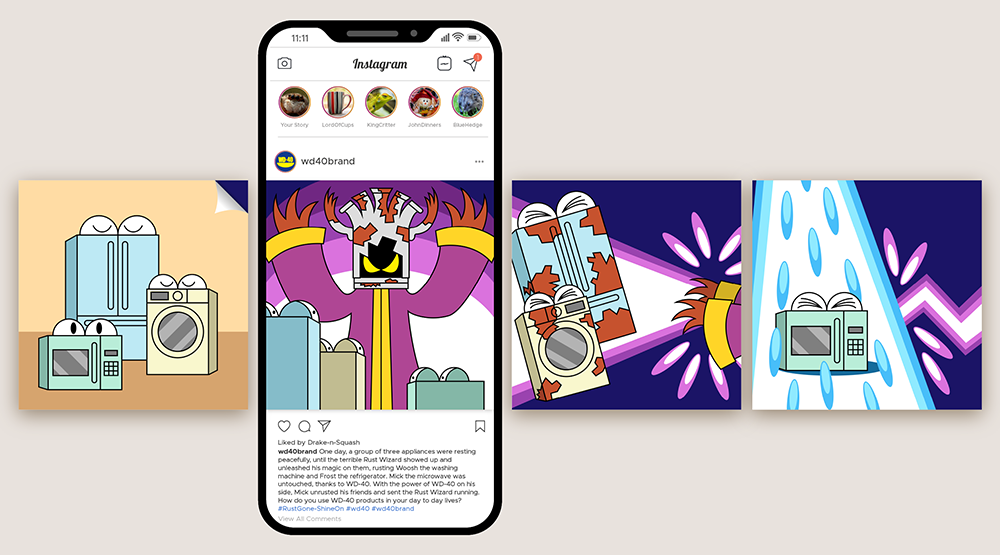 The WD-40 Instagram Carousel ad formatted into a mockup to represent how it would actually look in the app, along with the other images of the carousel. This mockup only holds the first half of the carousel's images.