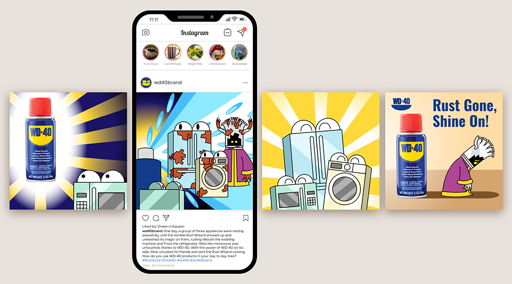The WD-40 Instagram Carousel ad formatted into a mockup to represent how it would actually look in the app, along with the other images of the carousel. This mockup only holds the second half of the carousel's images.