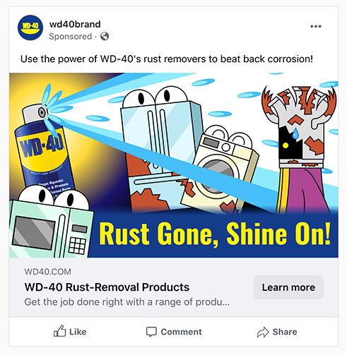 The Facebook WD-40 ad placed in a mockup that looks like a Facebook post.