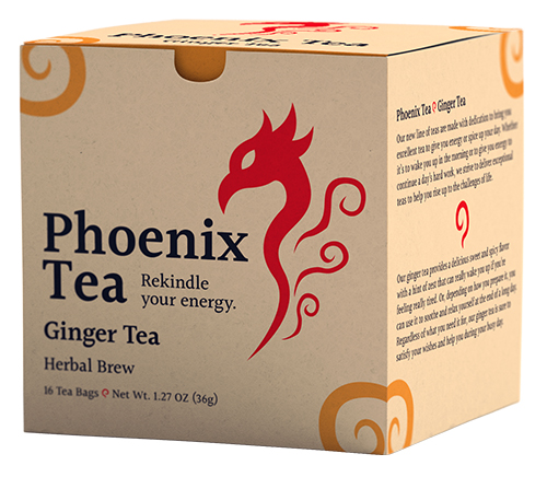 A box mockup of the fictitious tea brand, "Phoenix Tea." This variant is the ginger tea box, and it is colored orange.