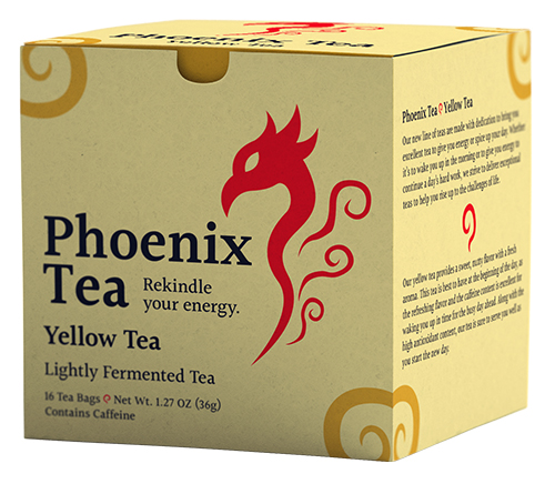 A box mockup of the fictitious tea brand, "Phoenix Tea." This variant is the yellow tea box, and it is thus yellow.