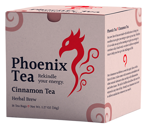 A box mockup of the fictitious tea brand, "Phoenix Tea." This variant is the cinnamon tea box, and it is colored red.