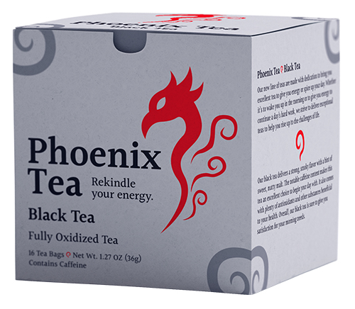 A box mockup of the fictitious tea brand, "Phoenix Tea." This variant is the black tea box, and it is thus colored a cool gray.