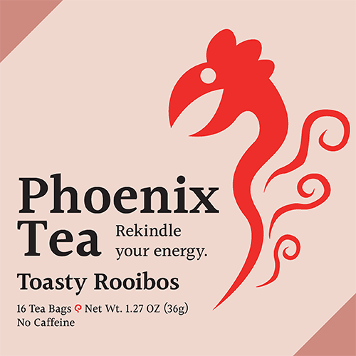 The first finished draft of the "Phoenix Tea" package. This variant is for the rooibos tea.
