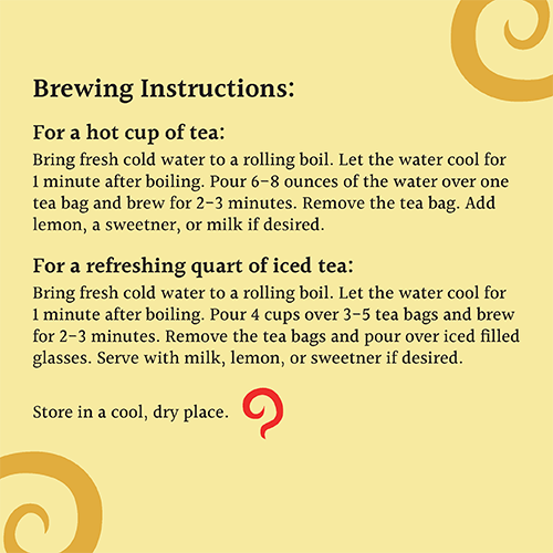 One of the other sides of the finished "Phoenix Tea" yellow tea package. This side provides brewing instructions.