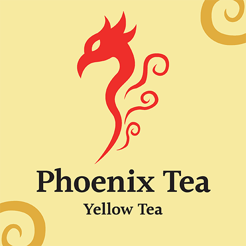 One of the other sides of the finished "Phoenix Tea" yellow tea package. This side only features the brand logo and product type.