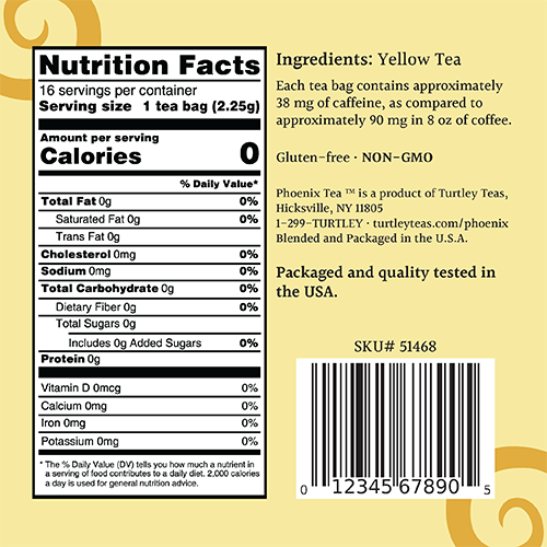 One of the other sides of the finished "Phoenix Tea" yellow tea package. This side holds the nutritional information and the ingredients.
