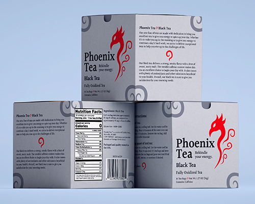 A more compact image of boxes of tea stacked on top of each other. These boxes are for the black tea line in the fictitious "Phoenix Tea" brand.