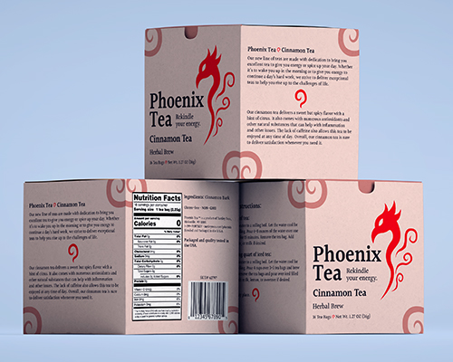A more compact image of boxes of tea stacked on top of each other. These boxes are for the cinnamon tea line in the fictitious "Phoenix Tea" brand.