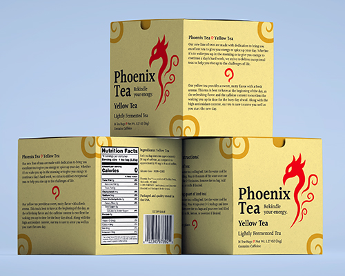 A more compact image of boxes of tea stacked on top of each other. These boxes are for the yellow tea line in the fictitious "Phoenix Tea" brand.