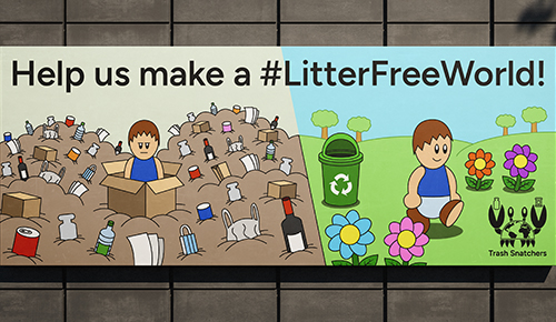 A billboard for a litter cleanup PSA.