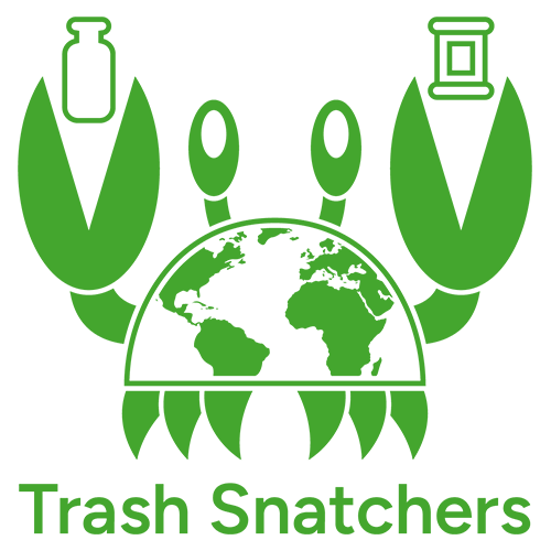 The logo of the fictitious, litter-cleanup organization dubbed "Trash Snatchers." It consists of a crab clutching a piece of trash in each of its claws—a bottle on the left and a can on the right—that has patterns of the Earth's continents on its carapace.