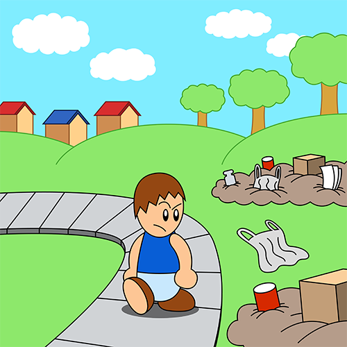 PSA Carousel Part 1:

An illustration of a person wearing blue, named "Max," walking down the sidewalk, noticing the large amounts of trash piled around. His facial expression seems to be a mix of confusion and annoyance.