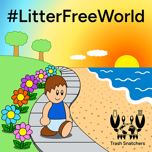 PSA Carousel Part 10:

With his work done, Max takes a walk down the sidewalk in his freshly cleaned hometown. To his left, flowers and unspoiled fields can be seen. To his right, the beach and ocean sprawl into the distance. The sun can be seen setting in the distance, visibly sinking behind the sea. The litter-cleaning organization's brand logo can be seen in the bottom-right corner of the image, while the top of the image features the hashtag and tagline, "#LitterFreeWorld."