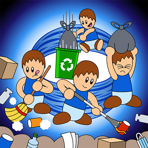 PSA Carousel Part 4:

Max goes around cleaning the litter in numerous ways, sweeping it with a broom, snatching it with the grabber tool, holding a stuffed bad above his head, and tossing it into the recycling bin.