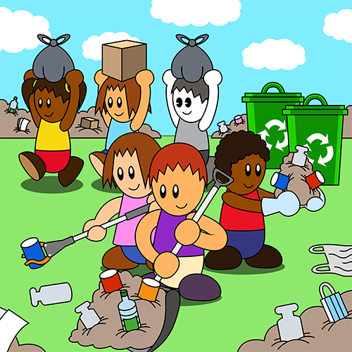 PSA Carousel Part 7:

The townsfolk decide to pitch in and help clean up the remaining garbage in the area. One person is seen picking up clumps of trash with gloves. Another is seen shoveling the trash up with a snow shovel. Another uses a grabber tool, while three people carry trash away in their hands.