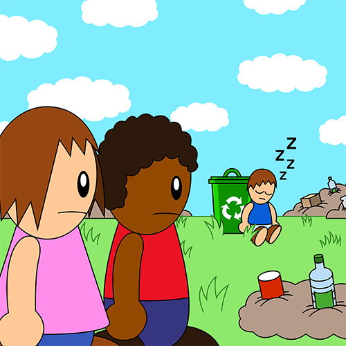 PSA Carousel Part 6:

Max's friends and townsfolk notice him sleeping by the recycling bin, and notice the remaining trash piled around.