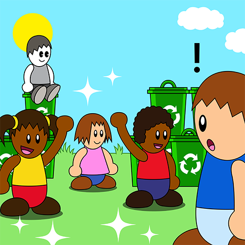 PSA Carousel Part 9:

Max's friends and townsfolk wave at him, and Max sees that they've cleaned up all of the remaining litter and placed it into recycling bins. The sun can now be seen in the background.