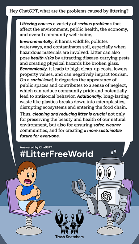 One of the components of the PSA project. This ad features Max talking to a robot representing ChatGPT about the issues of littering. It is a transparent usage of AI that was required for the project.