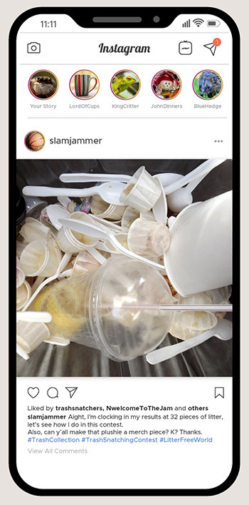 An Instagram post mockup depicting a submission for "Trash Snatcher's" contest.