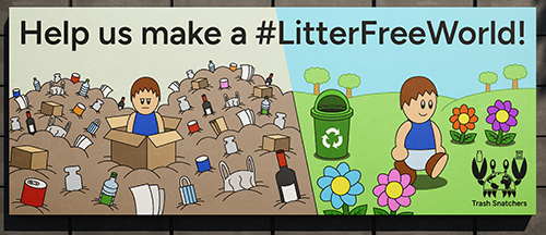 A billboard ad for the "Trash Snatchers" campaign. It features a split scene; on the left, Max stands in a box amidst a sea of garbage, visibly annoyed by his predicament. On the right, Max walks in a clean green field with flowers and trees in the distance. A recycling bin can be seen not too far from Max. The brand's logo is in the bottom right corner of the billboard.