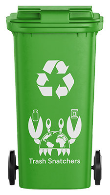 A branded recycling bin with the "Trash Snatchers" logo on its front.