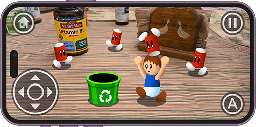 An augmented reality mobile game mocked-up onto a smartphone. The digital interface comes with one button for in-game actions, a directional pad, a pause button, and a home screen button. Due to the game scene taking up most of the phone's screen, the interface is a translucent overlay.