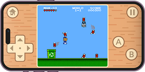 A mobile game mocked-up onto a smartphone. The game is similar to 8-bit platformers. The digital interface comes with two buttons, a directional pad, a pause button, and a home screen button.