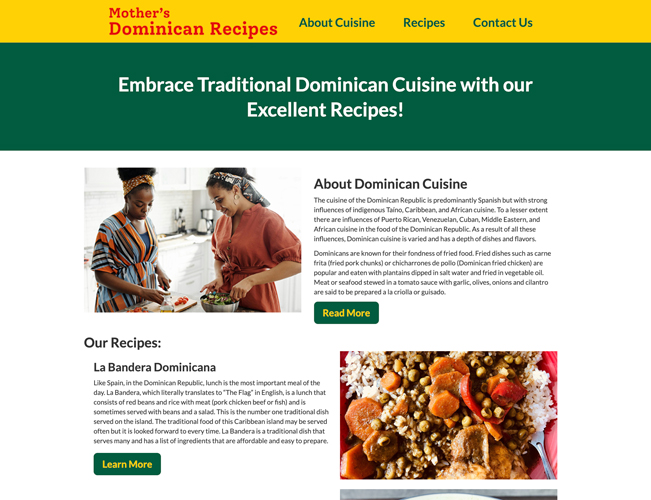 An image of a website for Dominican Cuisine. The image shows the top portion of the homepage.