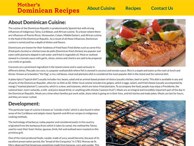 An image of a website for Dominican Cuisine. The image shows the top section of the "About Cuisine" page.