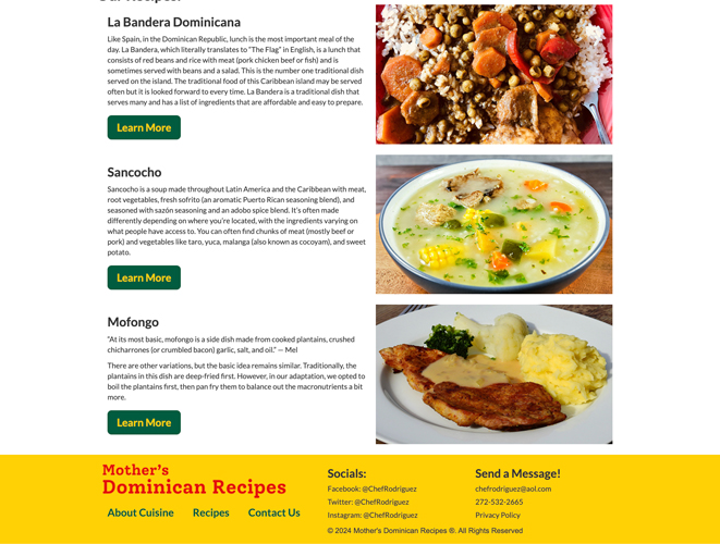 An image of a website for Dominican Cuisine. The image shows the bottom portion of the homepage.