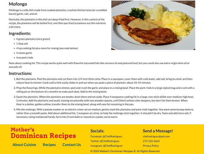 An image of a website for Dominican Cuisine. This image shows the bottom of the recipes page, which features the recipe for "Mofongo."