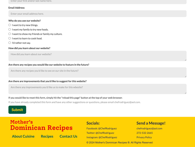 An image of a website for Dominican Cuisine. This image shows the bottom of the "Contact Us" page and form.