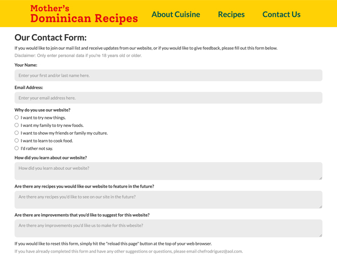 An image of a website for Dominican Cuisine. This image shows the top of the "Contact Us" page, which consists of a form to add a user to the website's email list.