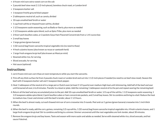 An image of a website for Dominican Cuisine. This part of the recipes page covers the ingredients and instructions to make "Sancocho."