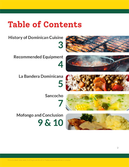 The second page of the Dominican cuisine cook booklet. This page features the table of contents.