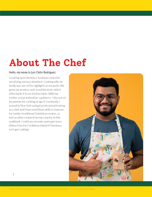 The first page of the Dominican cuisine cook booklet. This page is an "About the Chef" page.