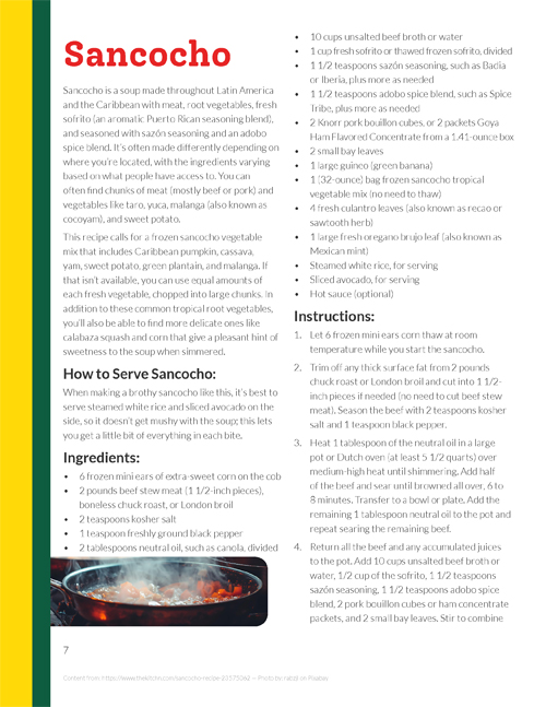 The seventh page of the Dominican cuisine cook booklet. This page features the first half of the recipe for "Sancocho."